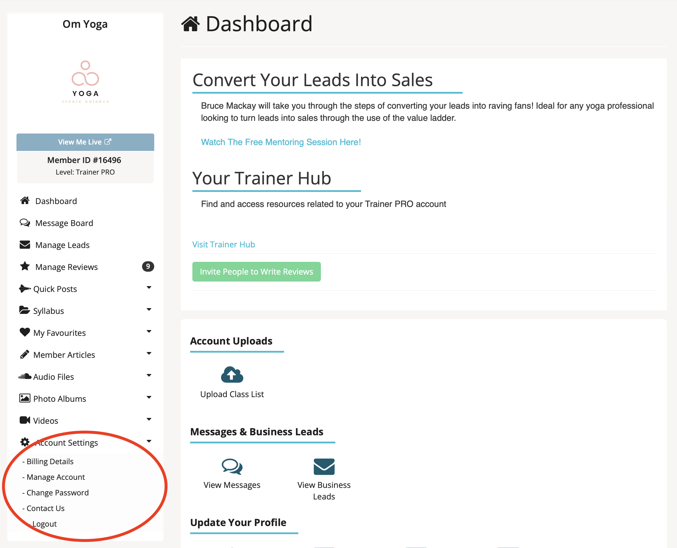 A screenshot of the YAP trainer dashboard with the bottom left account settings highlighted