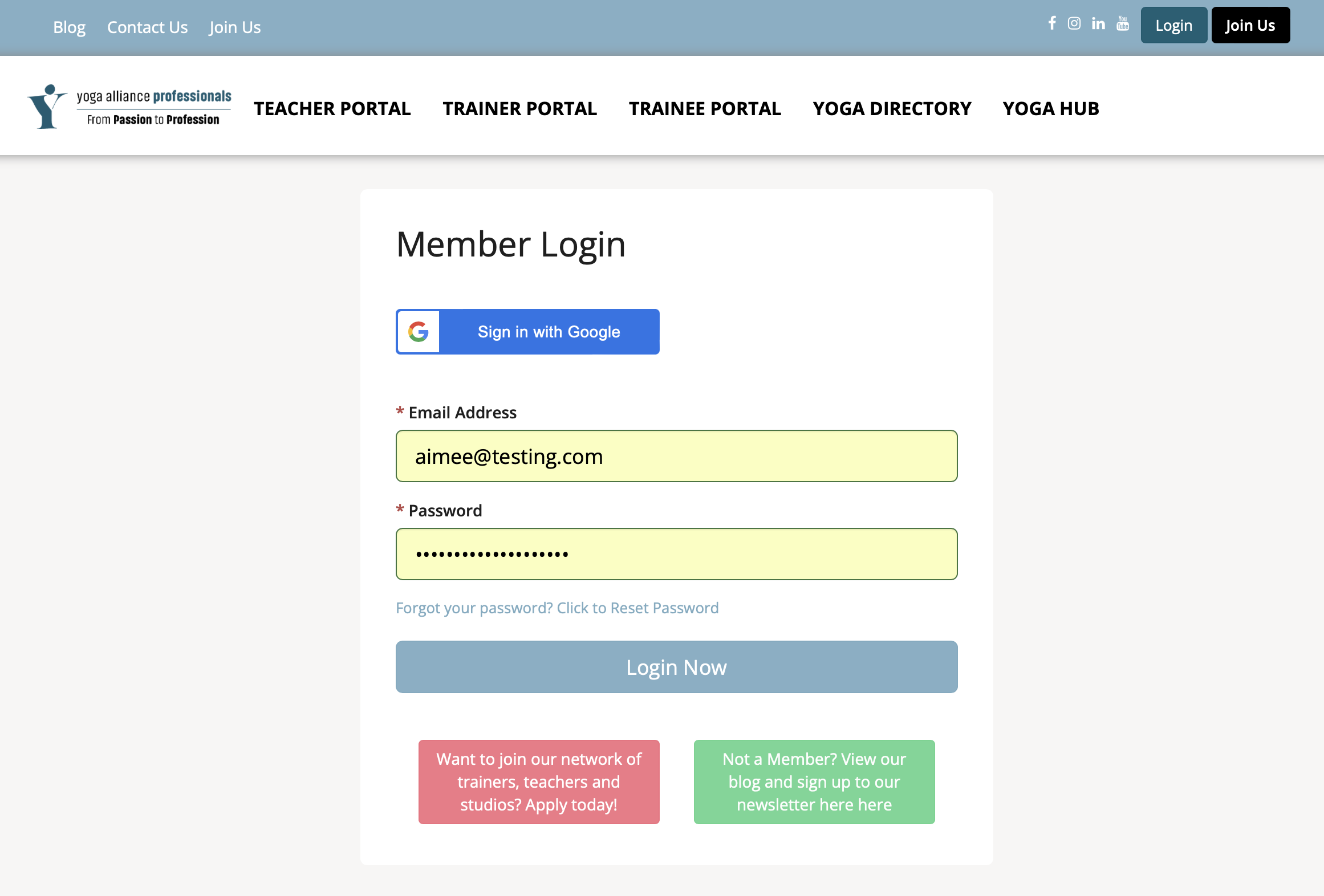 A screenshot of the YAP log in page