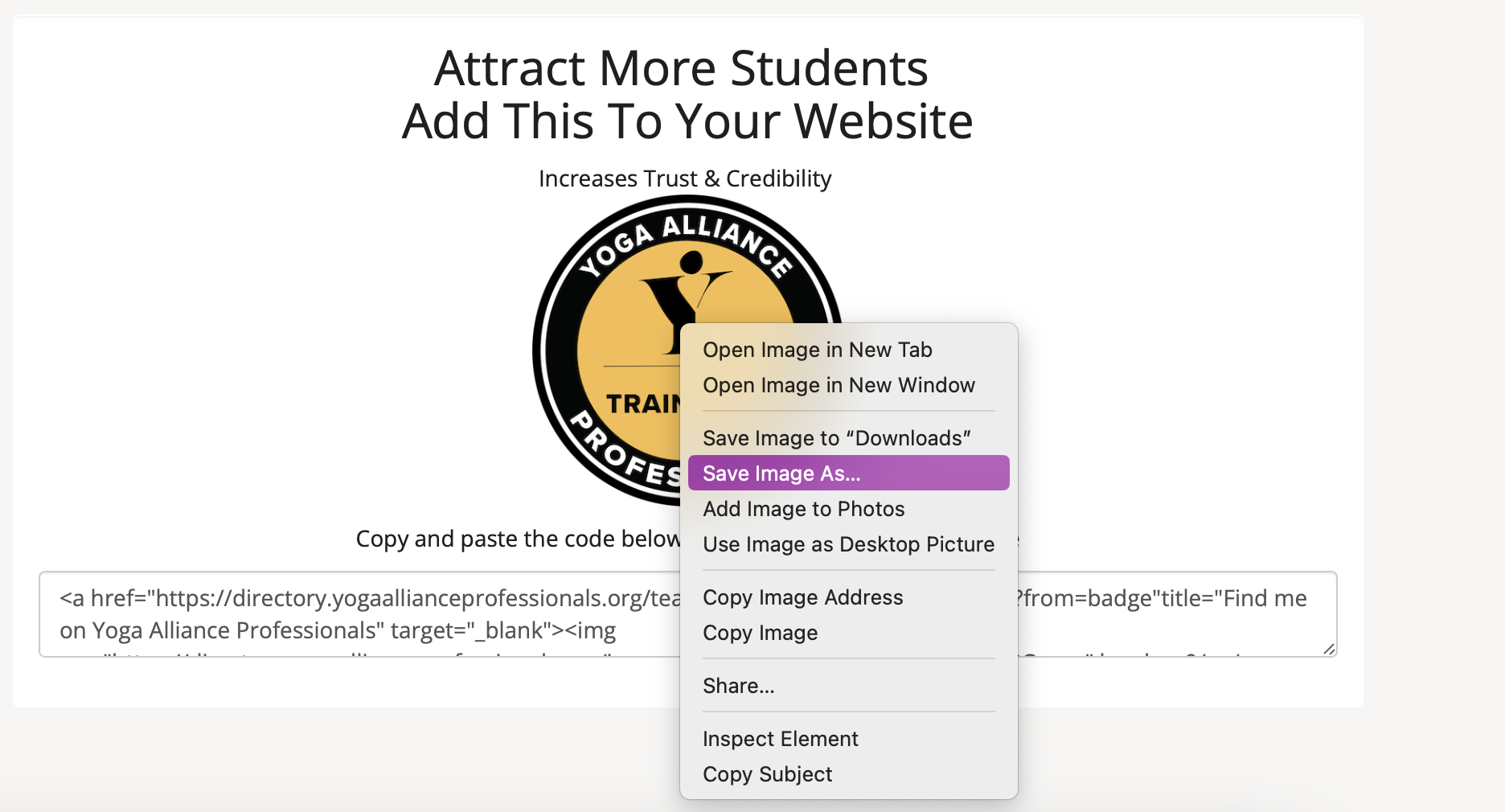 A screenshot showing that you can also right click on the Trainer Pro badge directly and select save as
